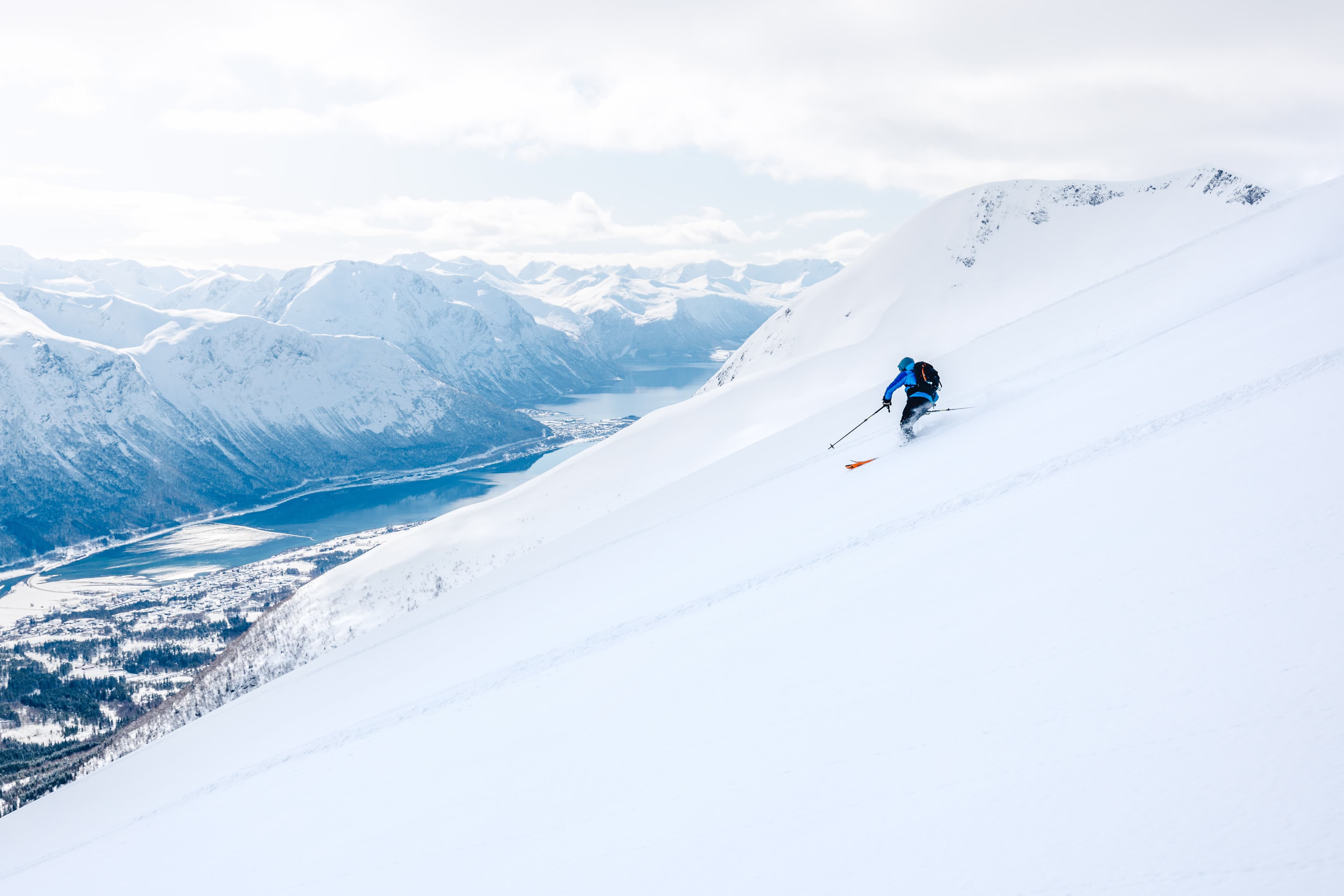 Skier skiing off-piste in Norway ski resort