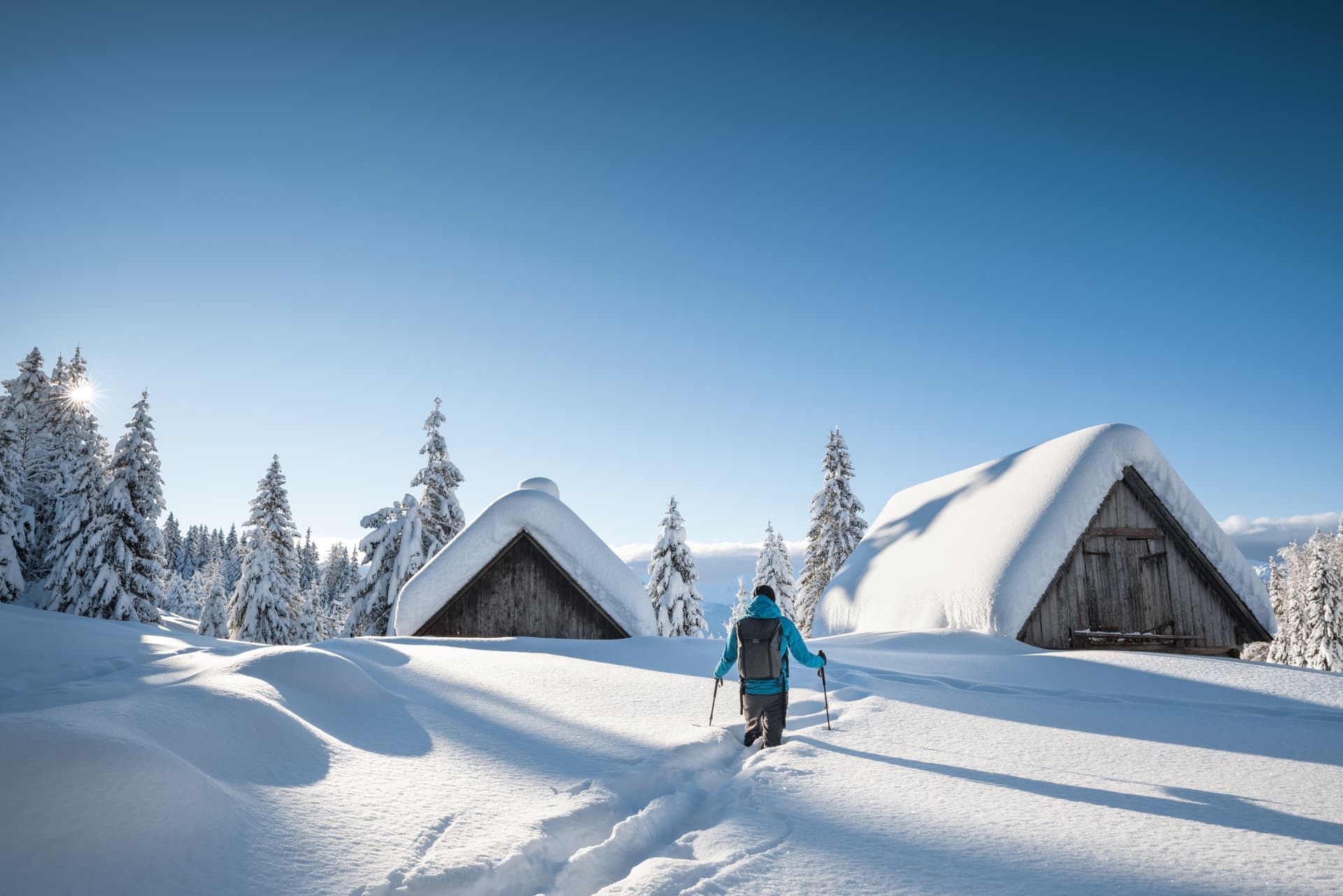 Snowy ski resort with snow capped trees and buildings